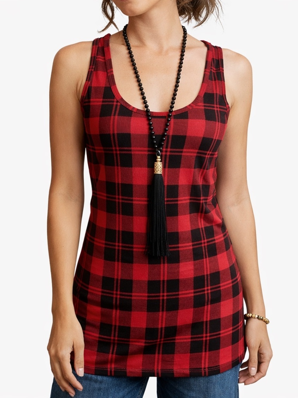 No Boundaries Tunic Tank Cottage Core Sporty Preppy BuffaloCheck Red Black Fit S